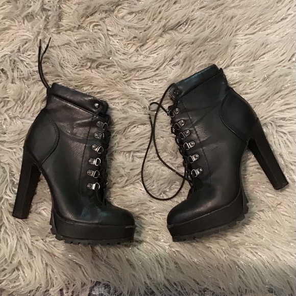 Shoes - Black Leather High Heel Ankle Boots